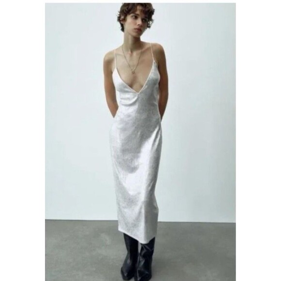NWT Zara Size M Women Sequin Midi Cocktail Dress Silver V-Neck Spaghetti Straps - Picture 1 of 15